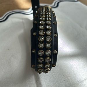 Biothane black dog collar by Sloppy Chops Co. Swarovski crystals -brass studs.